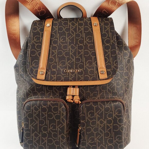 Calvin Klein Teodora Backpack, Brown CK Monogram Logo, Gold Accents, Never Used - Picture 1 of 10